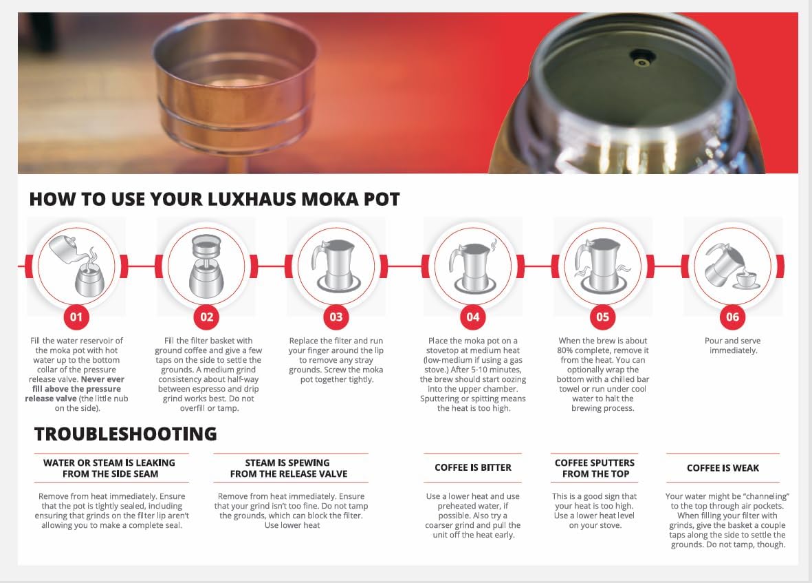 LuxHaus 6 Cup Moka Pot (2oz each cup - 12oz total) Stovetop Espresso Maker - Stainless Steel Italian and Cuban Mocha Coffee Maker