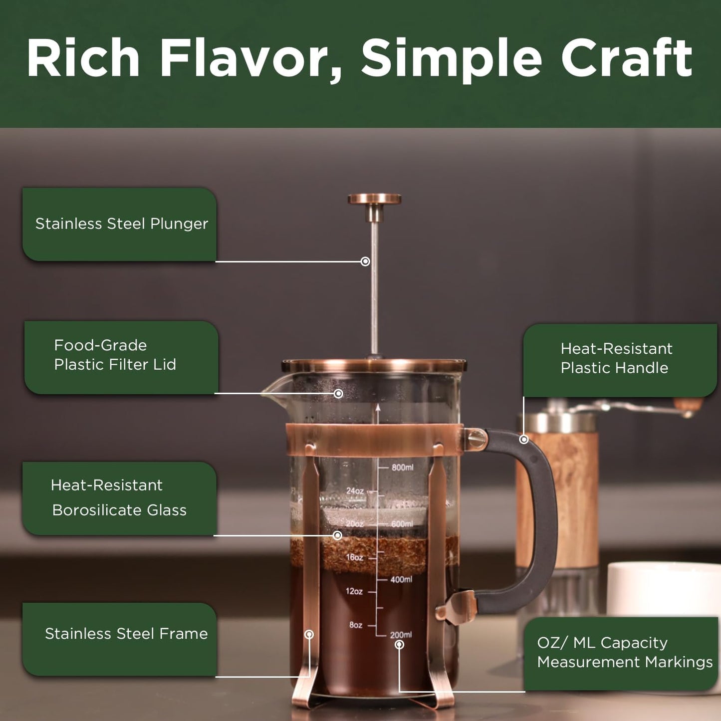 High - Quality 21 Ounce / 600ML French Press - Stainless Steel & Heatproof Glass, 4 - Filter Design - Make Cold Brew, Espresso, Coffee & Tea with Ease