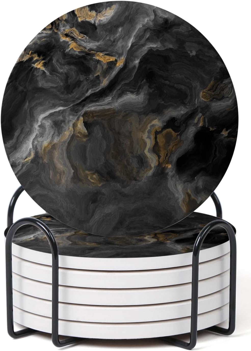 Set of 6 Abstract Black Marble Coasters with Holder, Absorbent Ceramic Coasters for Drinks, Coasters