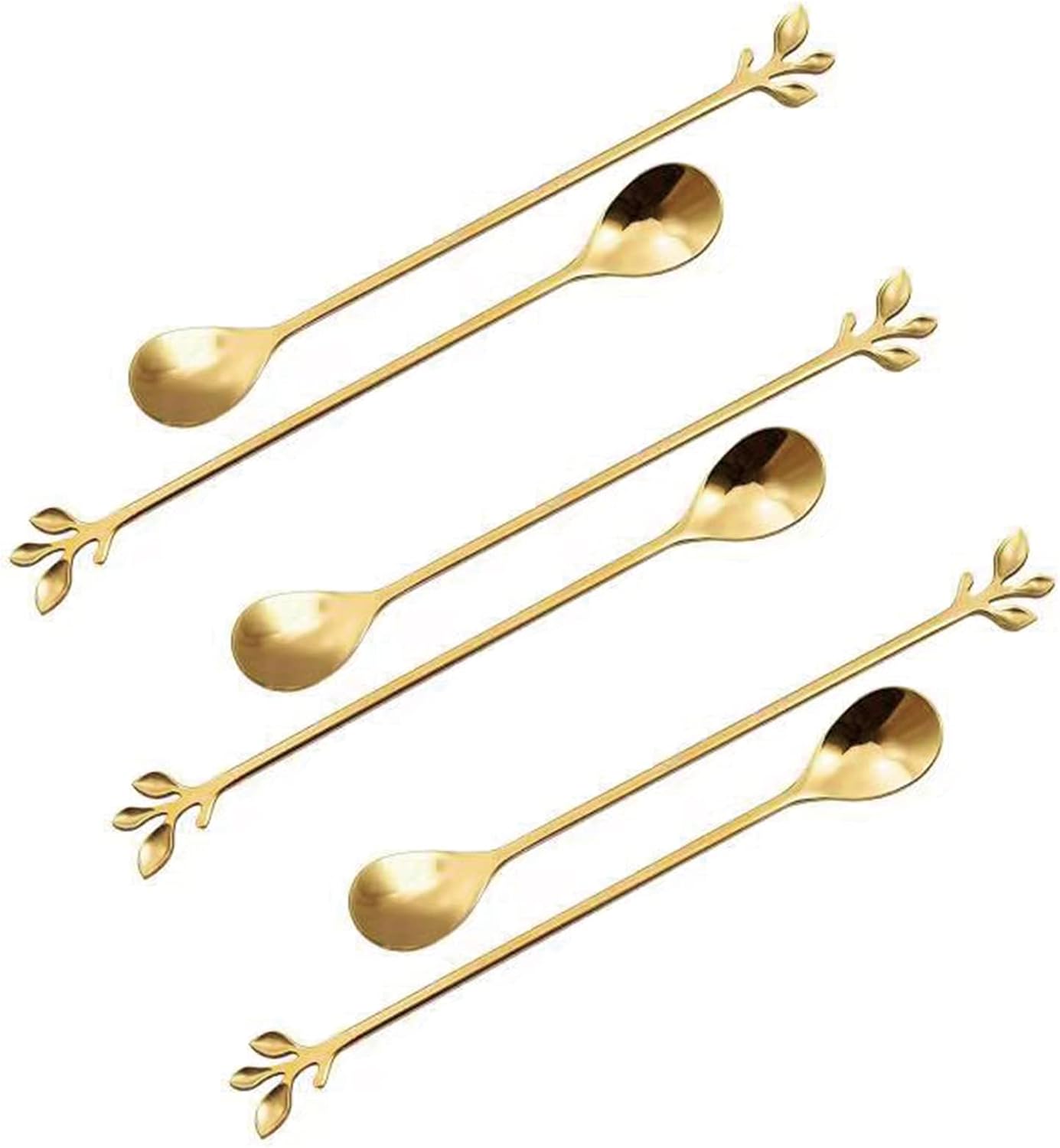 6-Pack Gold Leaf Long Handle Spoons, 7.4" Stainless Steel Cocktail Stirrers &amp; Iced Tea Spoons, Elegant Dessert Stirring Set for Deep Glasses, Home Baristas &amp; Parties