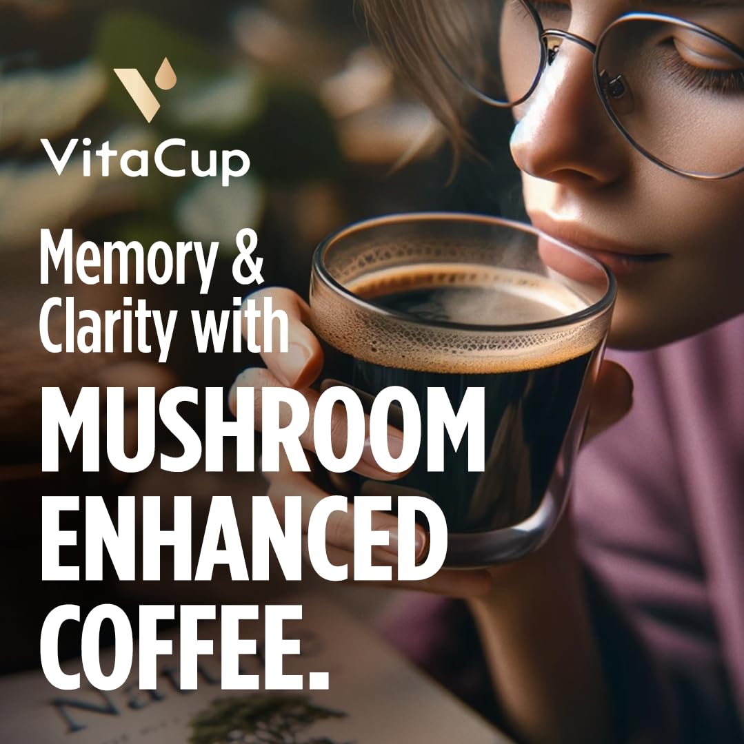 VitaCup Mushroom Medium Dark Roast Ground Coffee, 30oz, 2 Bags | 100% Arabica, Boost Focus, Immunity, Memory &amp; Clarity, B Vitamins, D3, Chaga, Coffee Grounds, Specialty