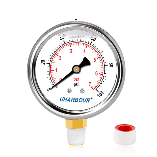 Glycerin Filled Pressure Gauge 1/4 NPT 100psi/7bar, Stainless Steel Case, Brass Inside Construction, 2-1/2" dial, 1/4" NPT