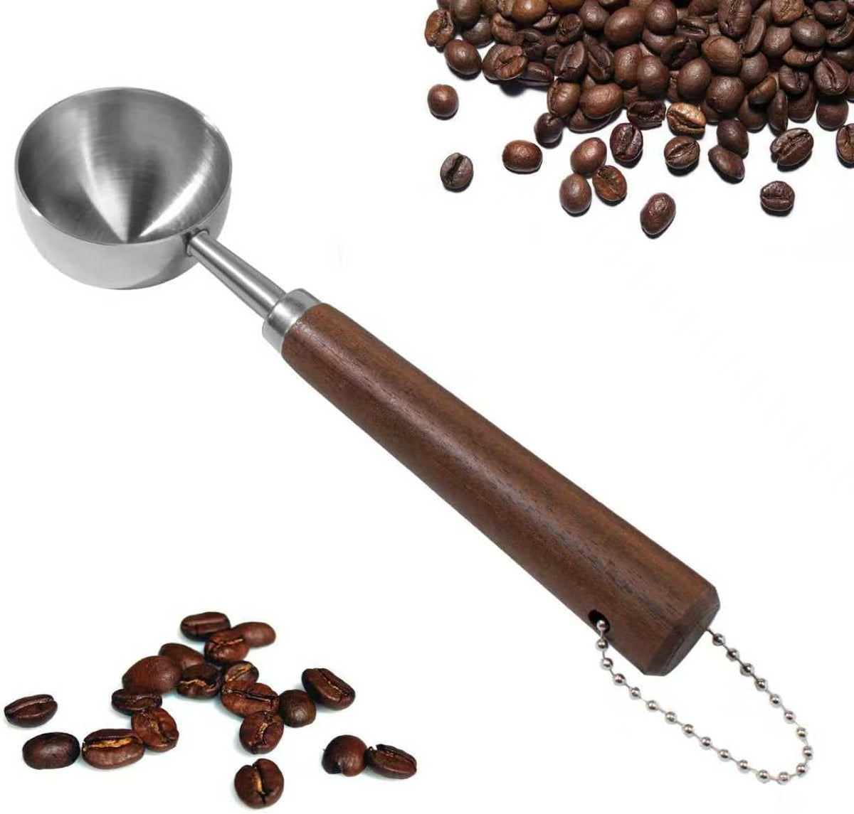 1pcs Coffee Scoop for Ground Coffee, Beans and Tea，Vintage Coffee Measuring Spoon with Long Wooden Handle 30ml/10g Capacity 304 Stainless Steel（Silver)