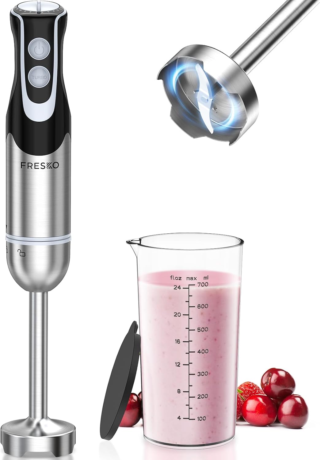 Immersion Blender Handheld, 2-In-1 Hand Blender with 12-Speeds &amp; Turbo Mode | 500W Emulsion Blender, 24oz Beaker, Stainless Steel Blade，Stick Mixer for Baby Food, Smoothies, Soups &amp; Sauces