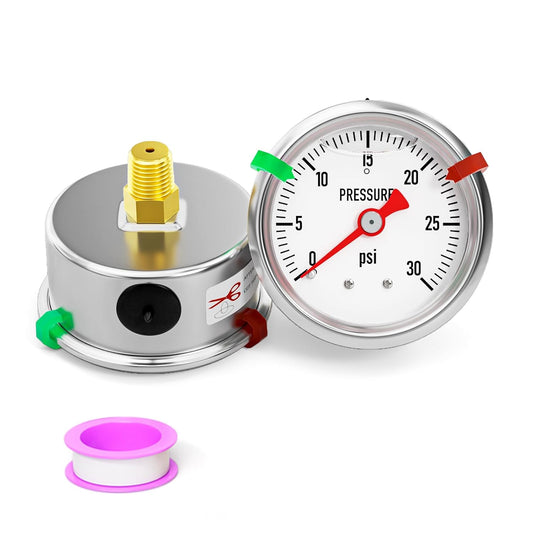 0-30psi Stainless Steel Glycerin Liquid Filled Pressure Gauge 1/8" NPT 1.5" Face Dial, Center Back Mount, for Water, Oil and