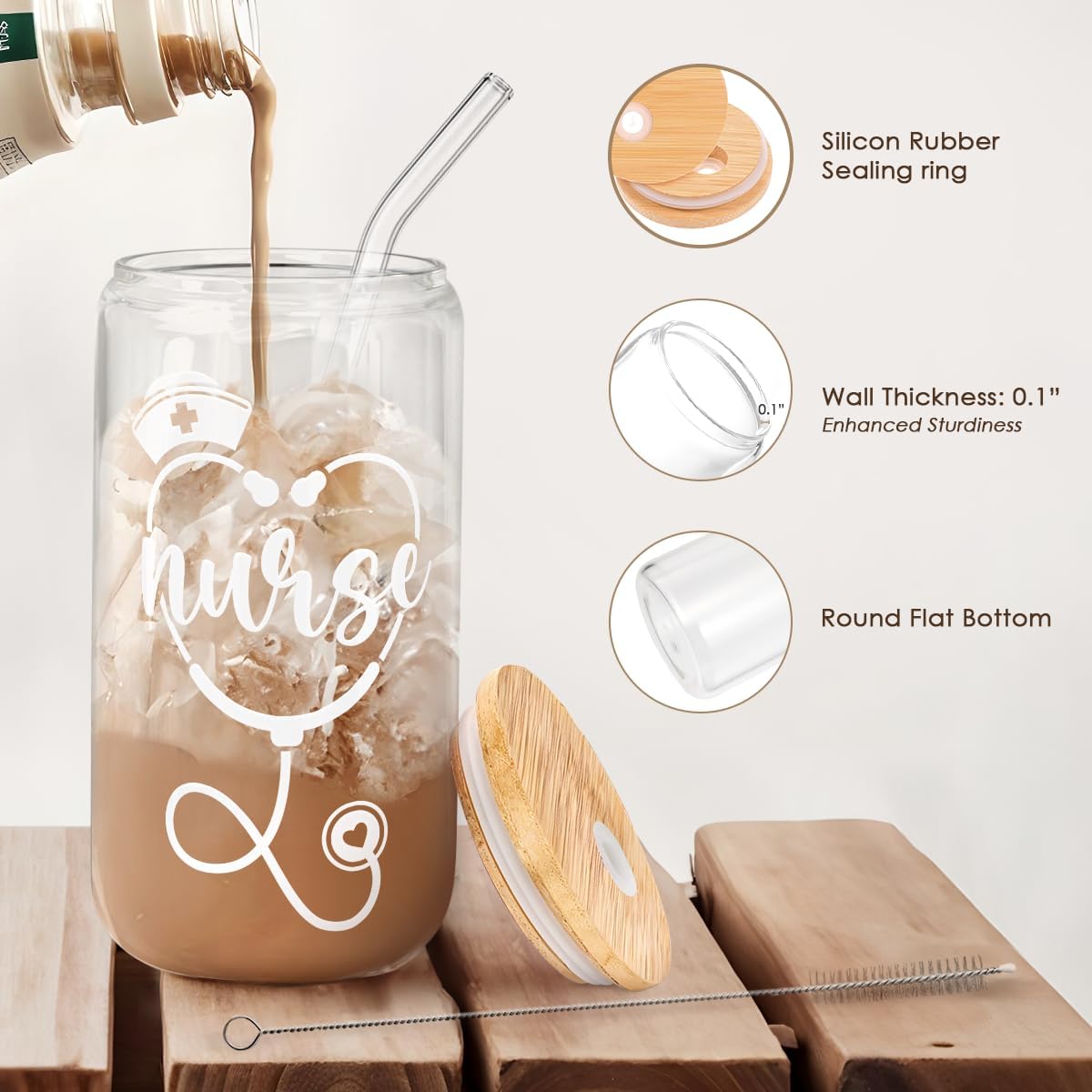 SANDJEST Nurse Glass Can, Nutrition Facts Cup with Lid &amp; Straw, Iced Coffee Aesthetic Cups, Idea Gift for Christmas Birthday Nurse Week, Gifts for Women, 16oz