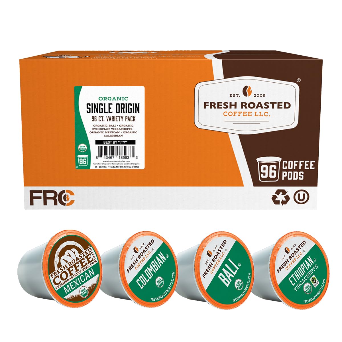 Fresh Roasted Coffee, Organic single Origin K-Cup Pods for Keurig Brewers, Medium Roast, USDA Organic, Kosher, 96 Count Loose Pack