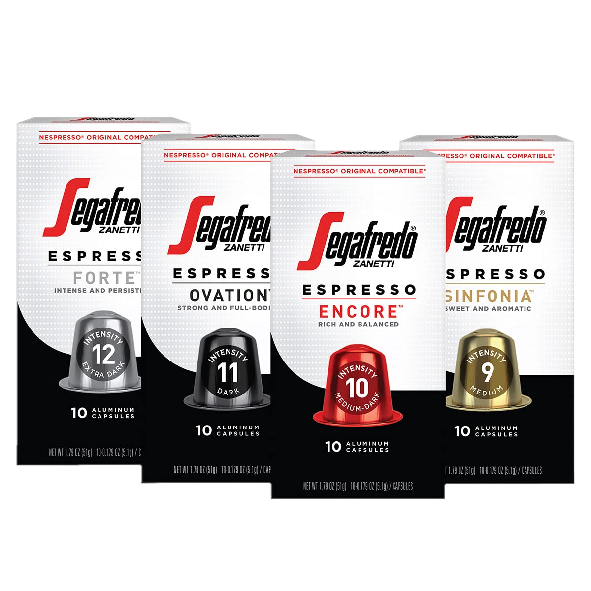 Segafredo Zanetti Espresso Capsules - Variety Pack, 4 Packs of 10 Pods | Medium, Medium-Dark, Dark &amp; Extra Dark Roast, Aluminum Pods for Nespresso Original Machines, Forte, Ovation,Encore &amp; Sinfonia