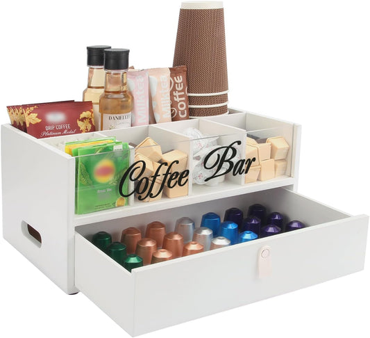 2-Tier Coffee Bar Organizer with Clear Acrylic Top, Built-in Drawer and Leather Handle Pull for Countertop, Stylish Coffee