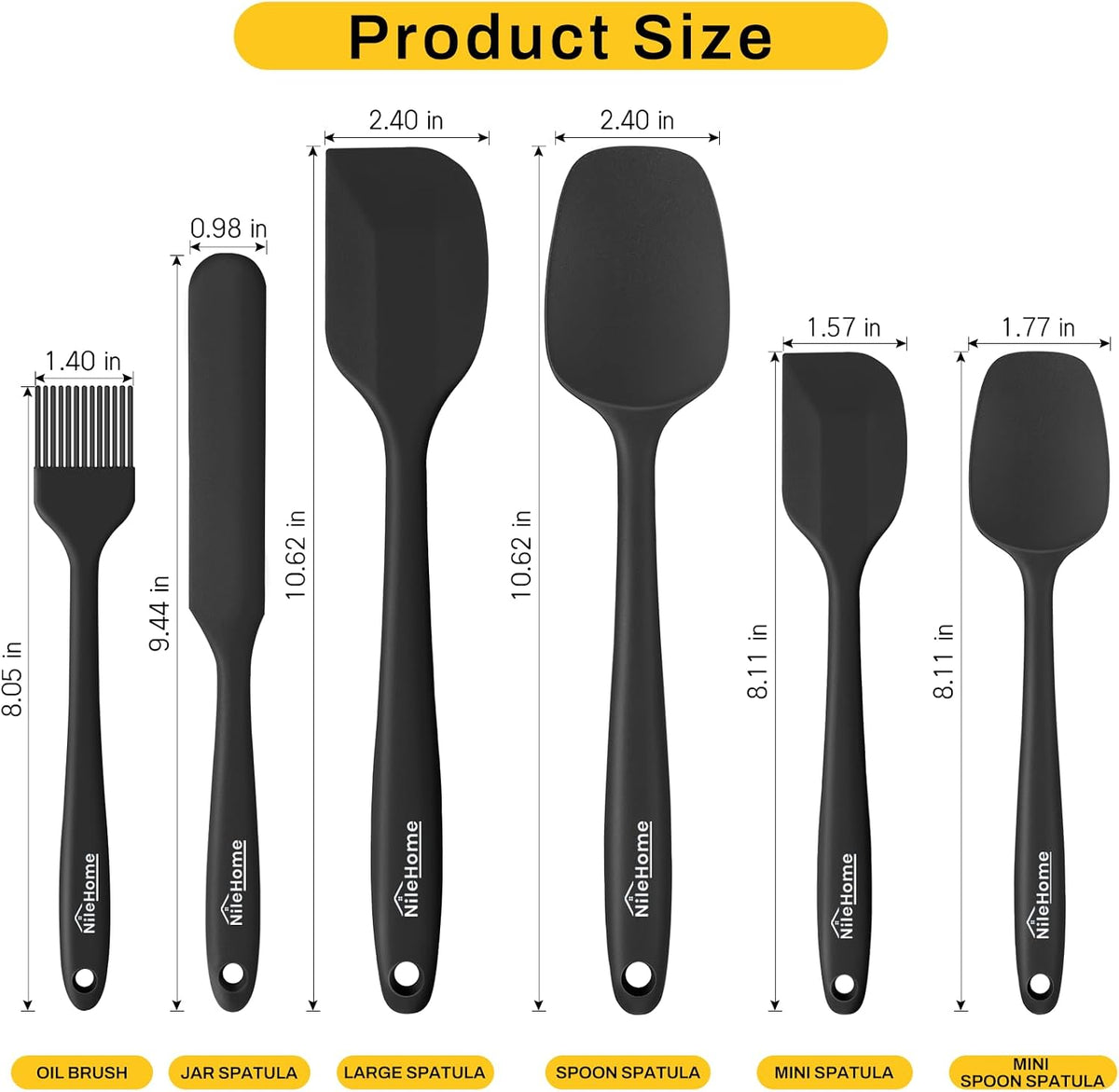NileHome 6 Pieces Silicone Spatula Set with Silicone Brush,Mixing-Black | Food-Grade Material,Heat Resistant Up to 600°F,Dishwasher Safe,BPA-Free