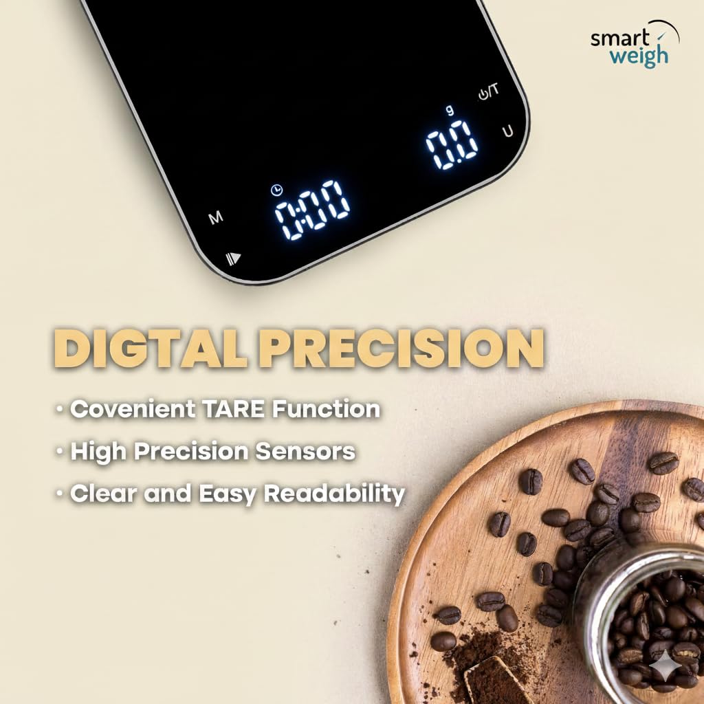 Smart Weigh Coffee Scale with Timer, Precision Espresso &amp; Tea Digital Scale, Espresso Machine Accessories for Pour-Over Coffee, Travel Food Scale, LED Display, Rechargeable USB-C - 3kg/0.1g