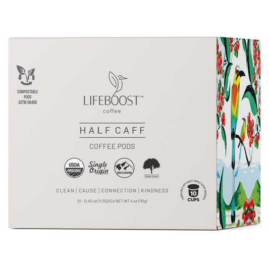 Lifeboost Half Caff Coffee K Cups - Low Acid Half Caff Coffee Pods - Single Origin Non-GMO Mold Free Pods Compatible with