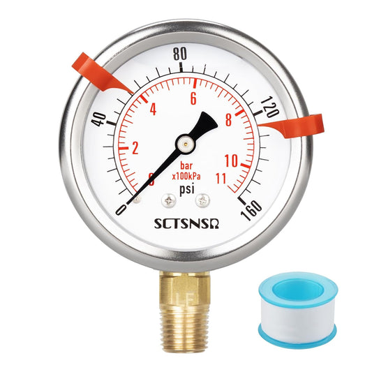 0 to 160 Psi Lead-Free Pressure Gauge, Glycerin Liquid Filled, 2.5 inch Dial, 1/4" NPT Lower Mount, Stainless Steel Case,