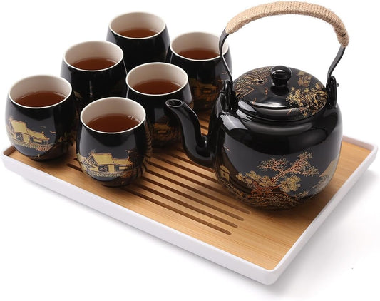 Dujust Japanese Tea Set, Black Porcelain Tea Set with 1 Teapot Set, 6 Tea Cups, 1 Tea Tray, 1 Stainless Infuser, Beautiful