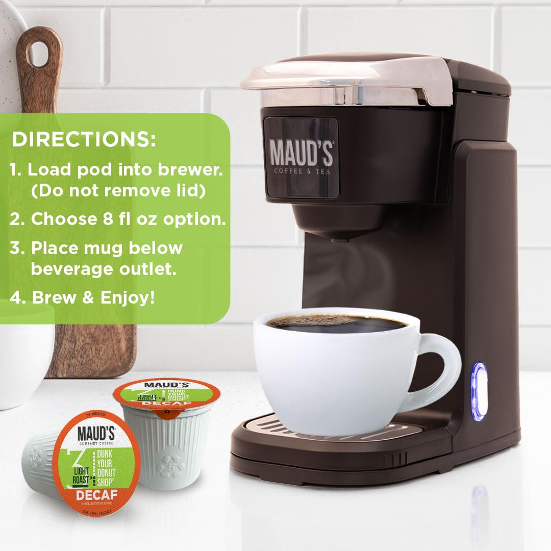 Maud's Decaf Donut Shop Coffee Pods, 100 ct, Decaffeinated Light Roast Coffee in Recyclable Single Serve Pods – 100% Arabica Beans, Compatible with Keurig K Cups Maker