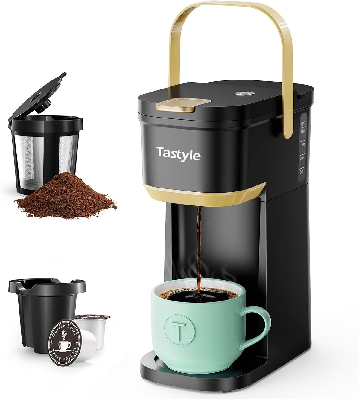 Tastyle Mini Single Serve Coffee Maker for K Cups and Grounds with Handle | for Travel, Camping, Office, RV and Dorm, Portable Handle, 120V, 6 to 12 Oz Brew Size, BPA Free, K302, Black and Gold