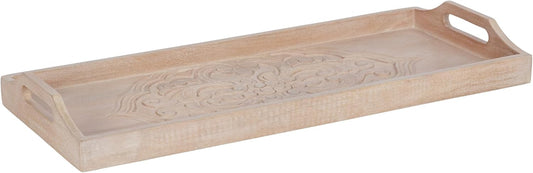 Kate and Laurel Adhira Carved Decorative Rectangle Tray, 24 x 10, Natural Wood, Traditional Display Tray with Handles and