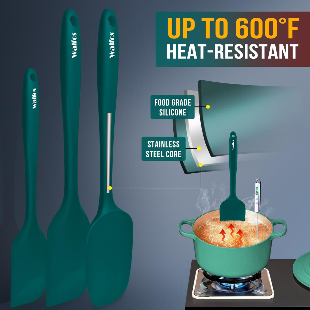 Walfos Silicone Spatula Set of 5 - (600°F) High Heat Resistant Dark Green Kitchen Scraper Spatulas, One-Pieces Seamless Design, Perfect for Cooking Mixing &amp; Baking - BPA Free and Dishwasher Safe