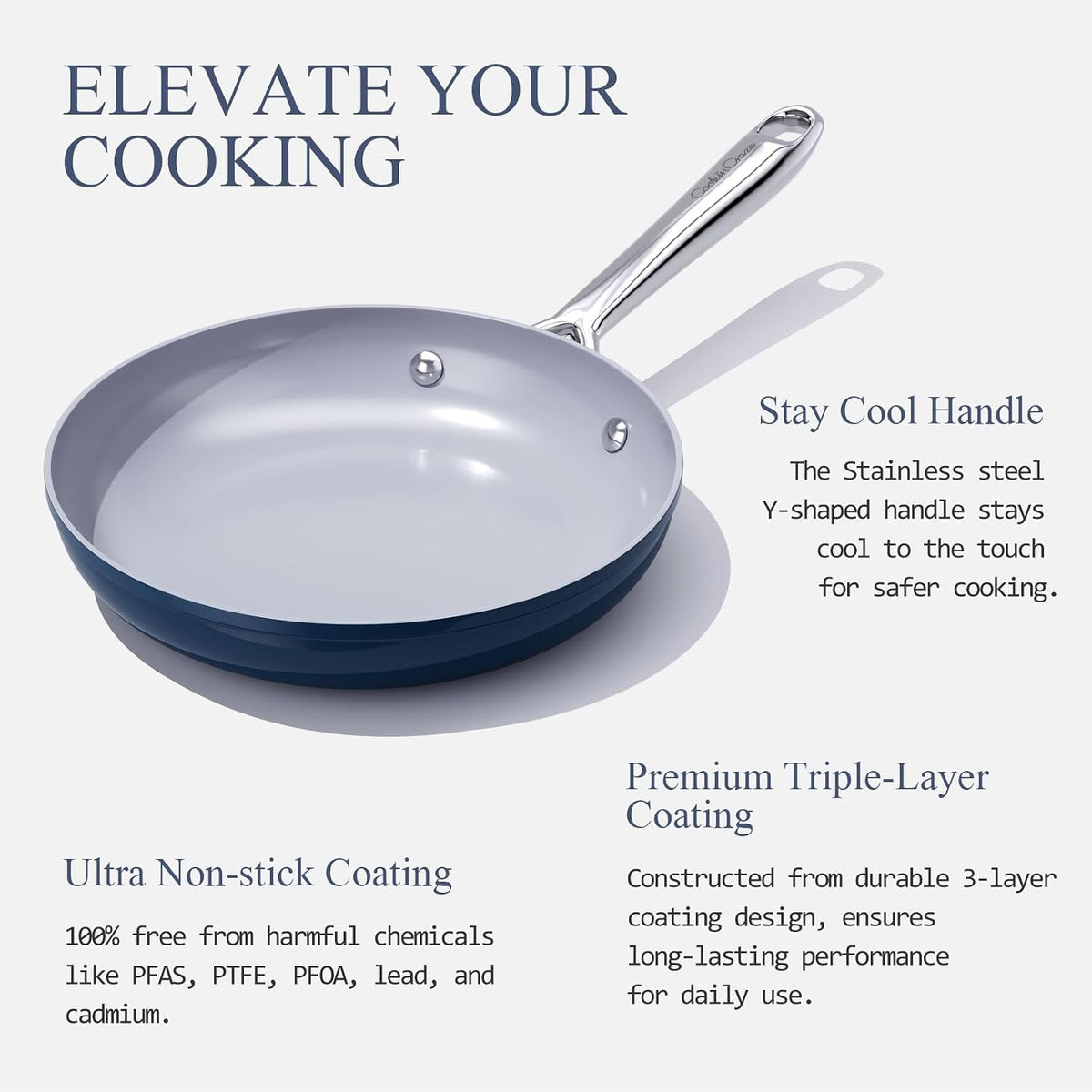 Nonstick Ceramic Frying Pan 8 Inch for Induction Cooktop - Non Toxic PTFE/PFOA/PFAS Free, Oven & Dishwasher Safe up to 500°F - Non Stick Small Egg Skillet with Stay-Cool Handle - Navy Blue