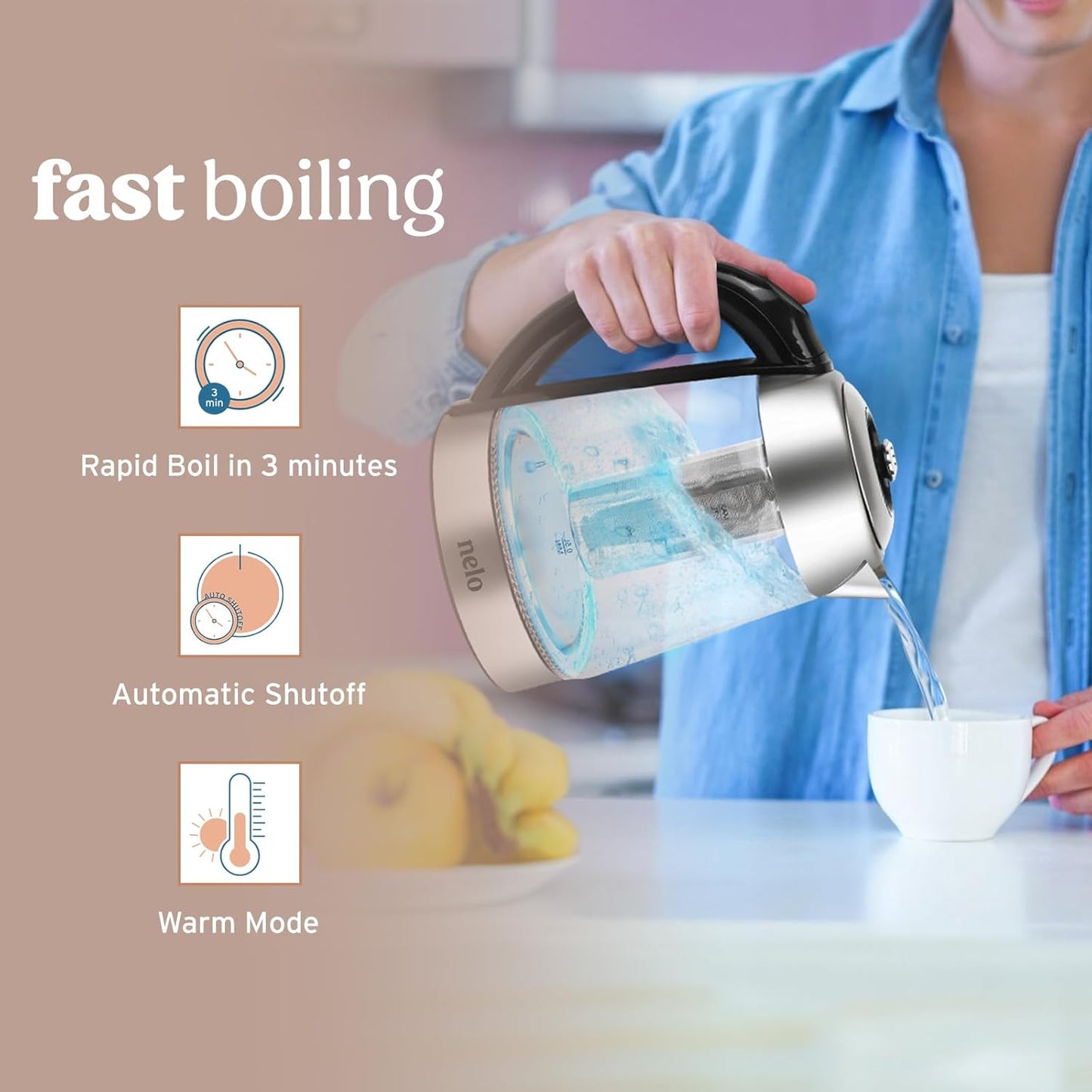 Nelo Electric Kettle with Removable Tea Infuser, 7 Temperature Presets, Digital Display, LED Indicator Lights, Glass Tea Kettle & Hot Water Boiler