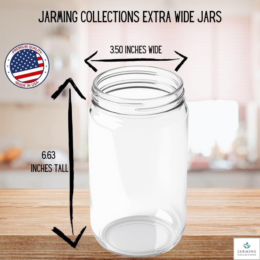 Jarming Collections Mason Jars - 32 oz Glass Storage Jars with Extra Wide Mouth Lids, BPA Free and Food Safe - Set of 2 with 2 Black Dome Plastic Lids