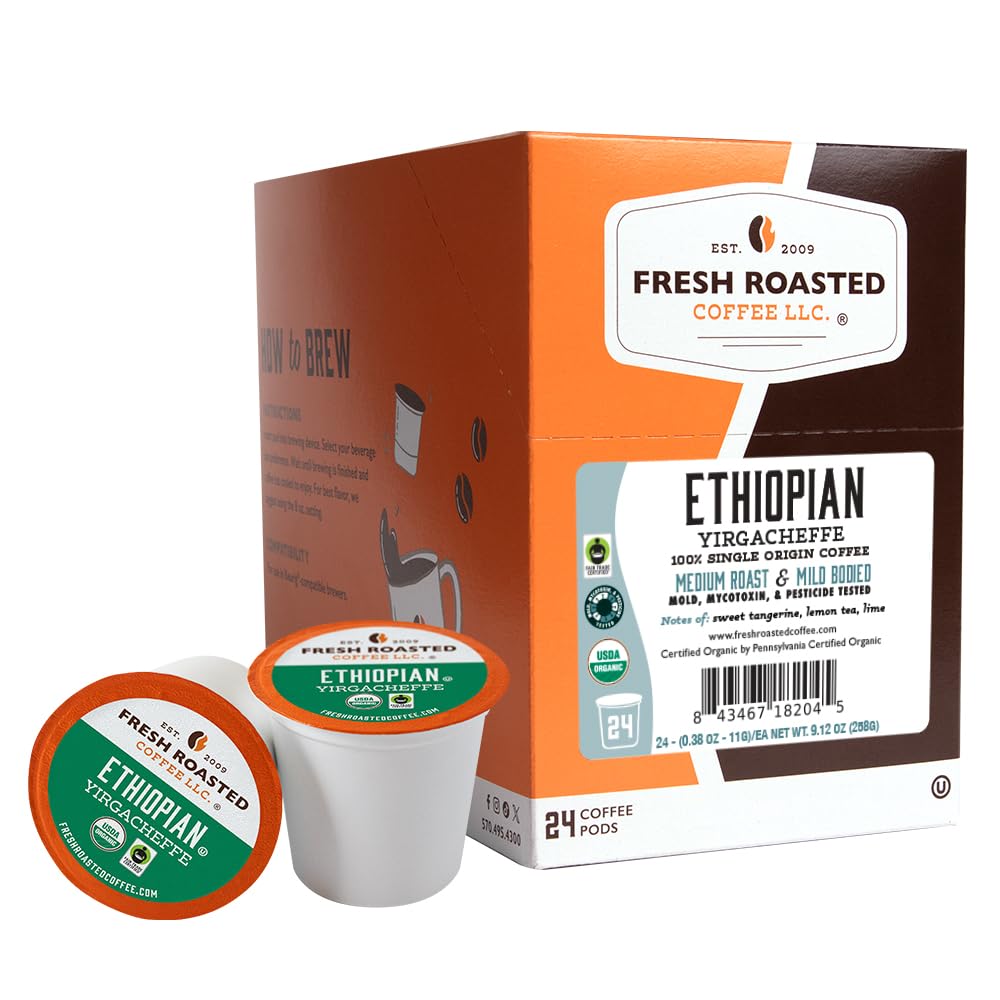 Fresh Roasted Coffee, Organic Ethiopian Yirgacheffe K-Cup Pods for Keurig Brewers, Medium Roast, USDA Organic, 3rd Party Tested for Mold, Mycotoxin &amp; Pesticides, Kosher, 24 Count (Pack of 1)