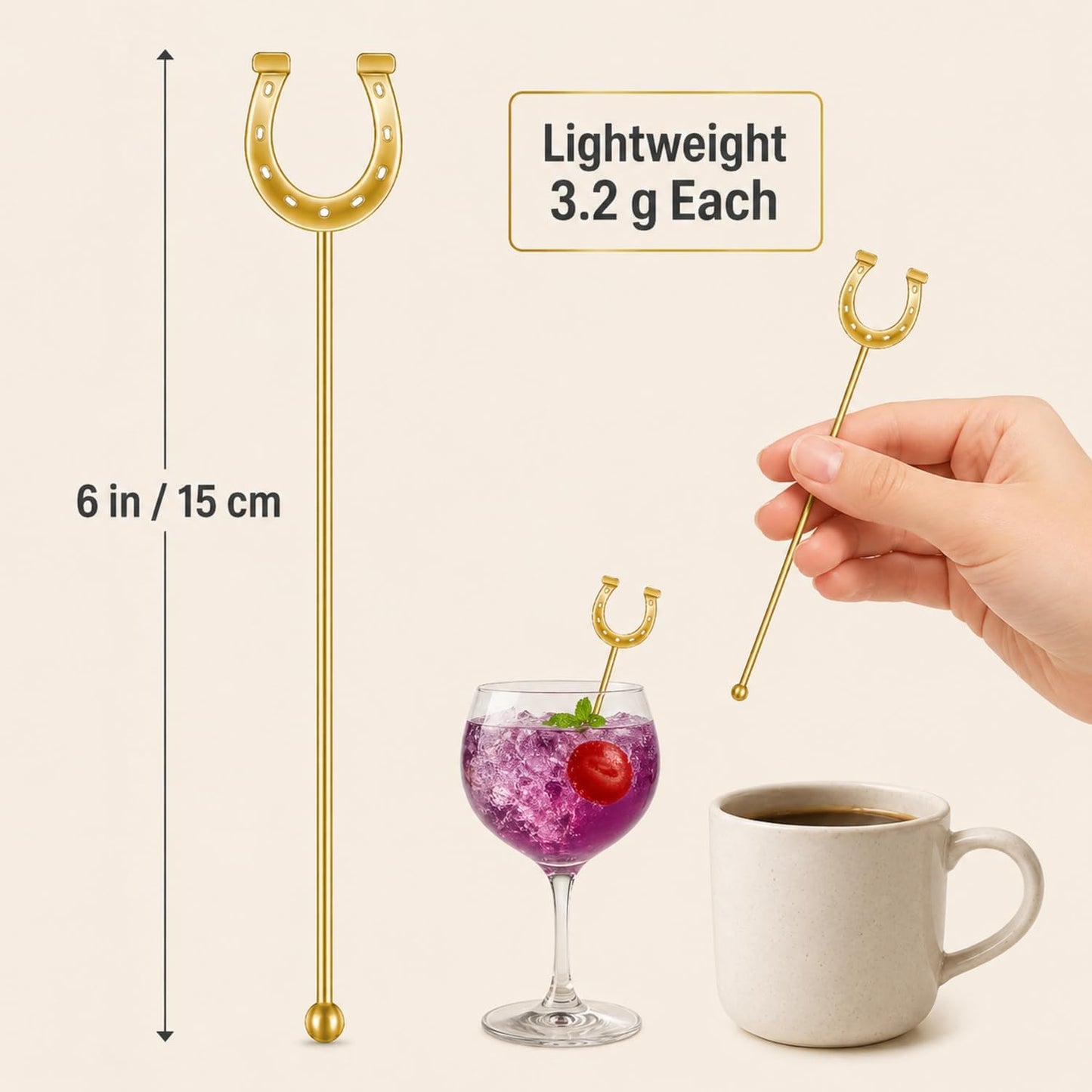 Horseshoe Drink Stirrers 6 Inch Plastic, Gold, 30 Pcs | Reusable U Shaped Swizzle Sticks for Cocktails Coffee, Party Bar Decorations for Derby Themed Weddings Events