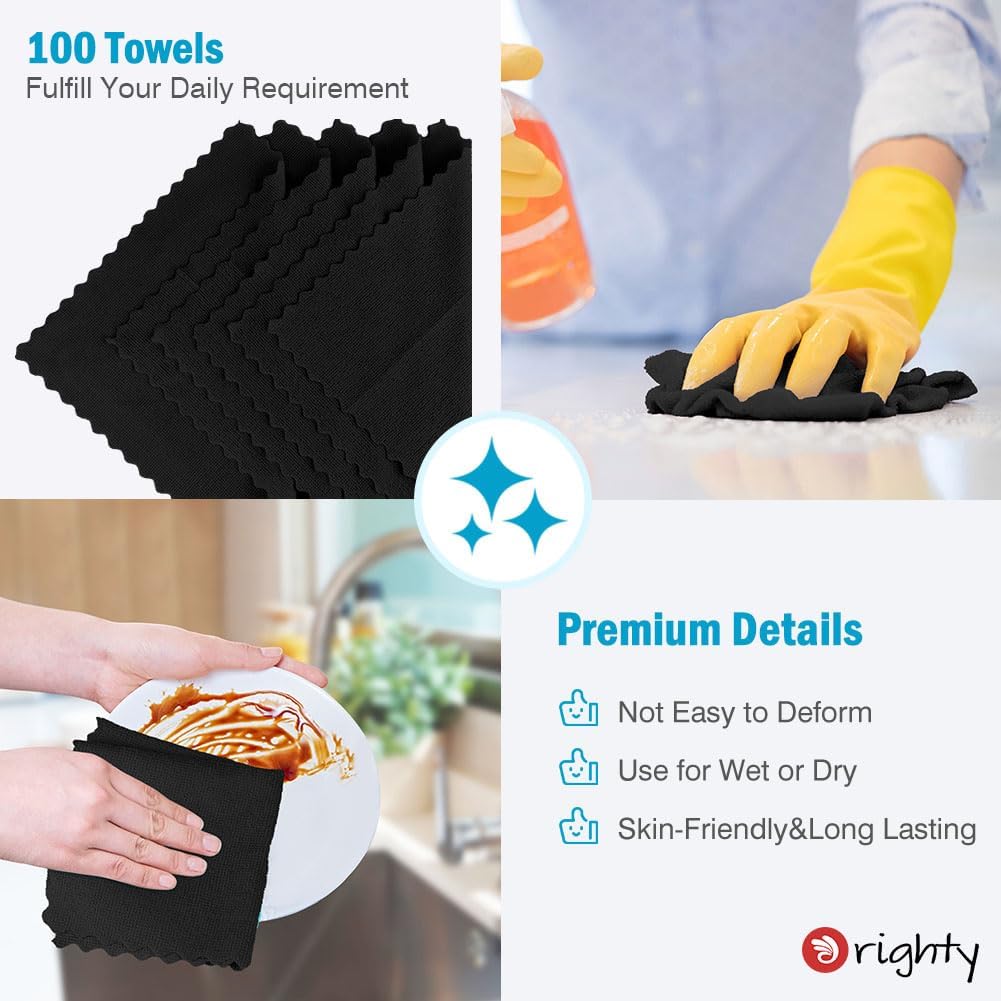 Orighty Microfiber Cleaning Cloth Bulk, 100 Pack, 11.5x11.5 inch, Black