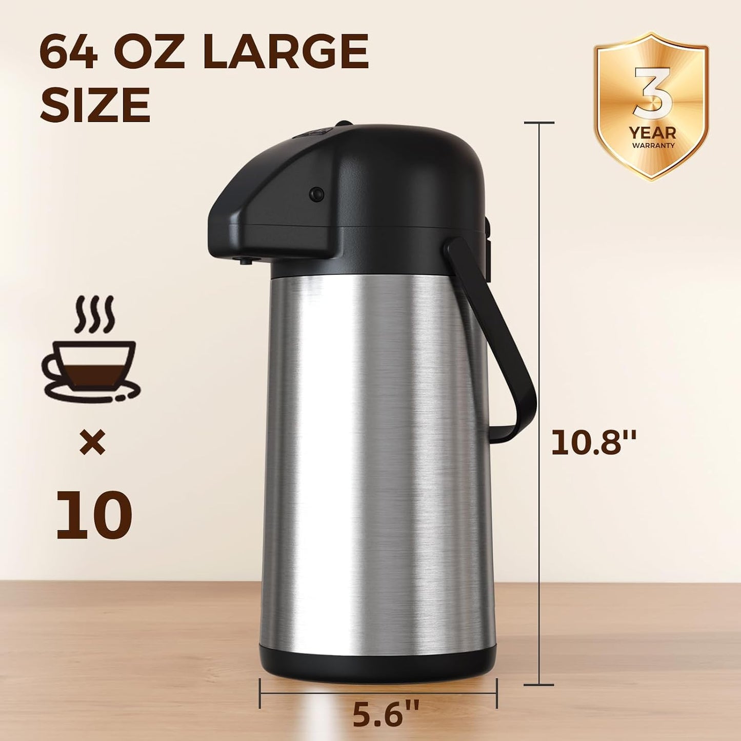 Coffee Carafe for Keeping Hot, 64OZ Airpot Coffee Dispenser with Pump | Large Thermal Coffee Urn for Hot Drinks Tea Liquid, 304 Insulated Stainless Steel Hot Water Beverage Dispenser for Parties