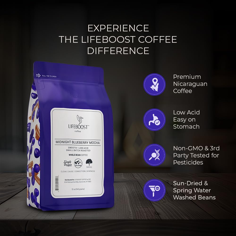 Lifeboost Midnight Blueberry Mocha Whole Bean Coffee - Non-GMO Wild Blueberry Low Acid Single Origin Coffee Beans - Third Party Tested For Mycotoxins &amp; Pesticides - 12 Ounces