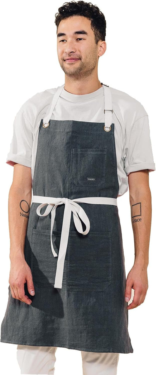 Caldo Linen Kitchen Apron for Cooking- Mens and Womens Linen Bib Apron for Professional Chef, Server, or Barista -