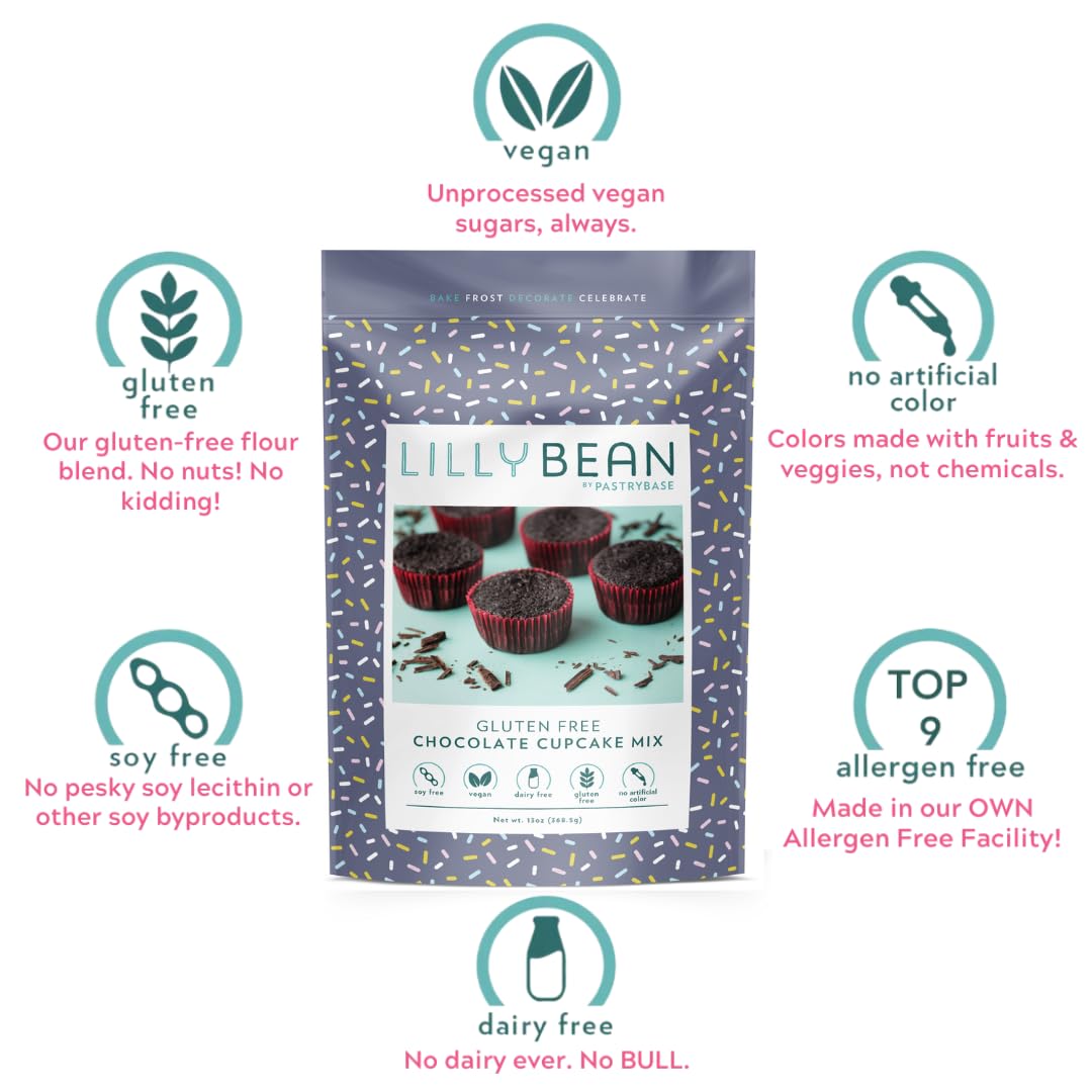 LillyBean Gluten Free Chocolate Cupcake Mix with No Artificial Colors - Dairy and Soy Free, Vegan - Makes Delicious Desserts - Cakes, Donuts, Cake Pops - 13 oz