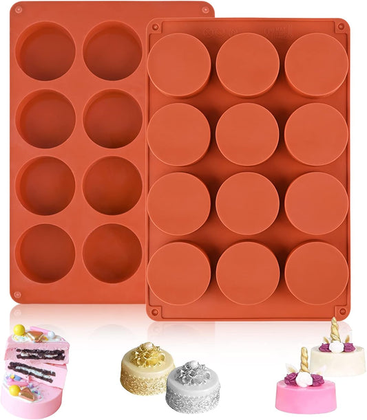 2 Pack Round Chocolate Cookie Molds, 12 Cavity 2.1" Cylinder Silicone Mold for Chocolate Cookie, Cake, Candy, Pudding, Mini Soap (Brown)