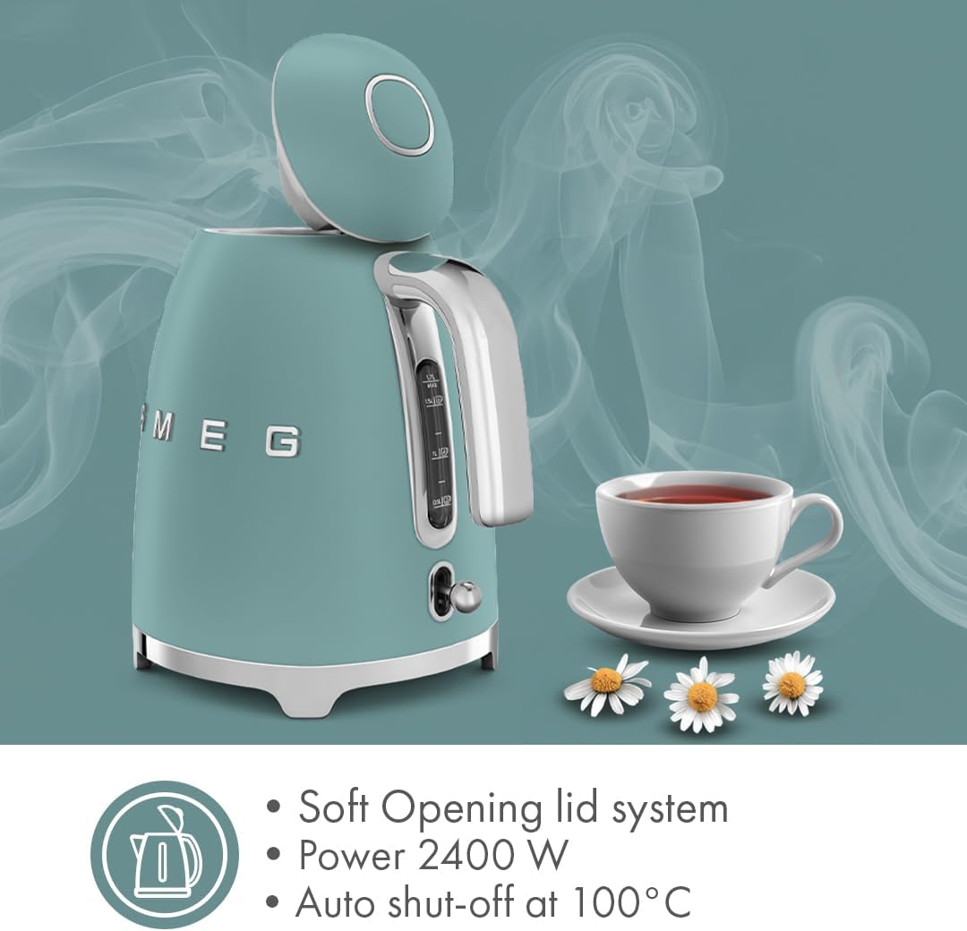 SMEG KLF03 Electric Kettle 1.7L (7 Cup), Retro Hot Water Boiler for Tea &amp; Coffee, Fast Boiling, Auto Shut-Off, Soft Open Lid, 360° Swivel Base Countertop Kettle – Matte Jade
