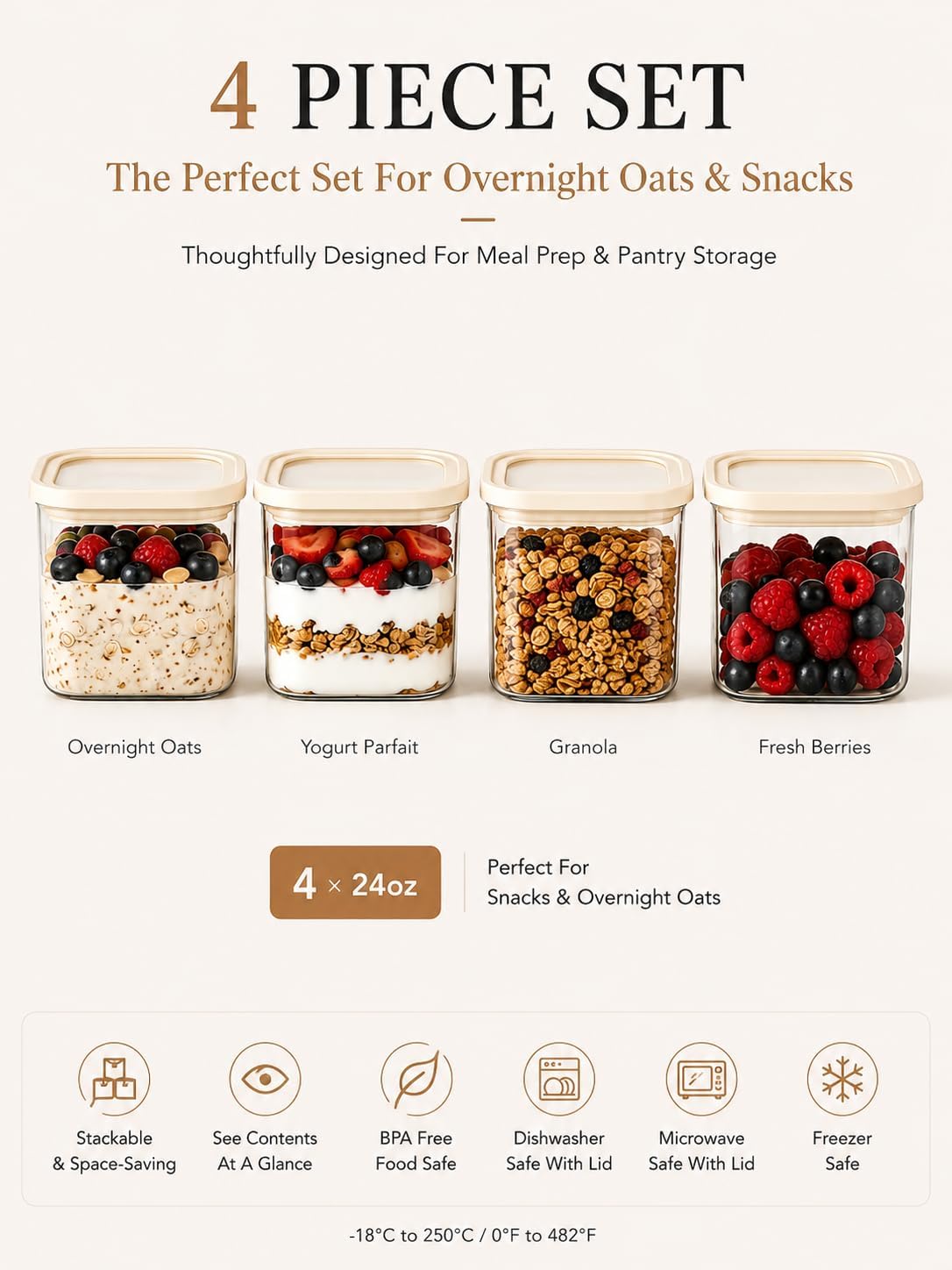 4pcs 25oz Square Pantry Glass Jars with Clear Airtight Lids Kitchen Canisters Sets for Flour, Sugar Refrigerator Safe, Patent Approved