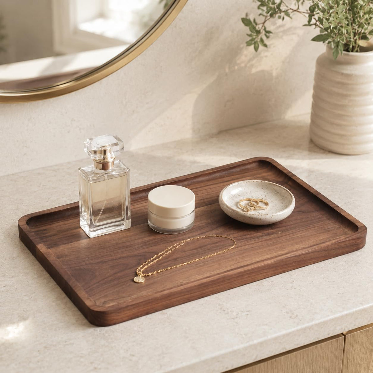 Walnut Wood Serving Tray, 13.4 x 9 Inch Rectangular Platter with Raised Rim