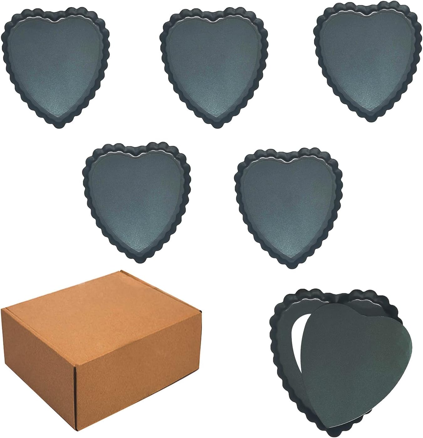 6PCS 4 Inch Heart Tart Pans with Removable Bottom, Nonstick Quiche | Mini Carbon Steel Heart-Shaped Pie Molds for Dessert &amp; Cake Baking, Fluted Loose Bottom Cake Pan for Easy Release