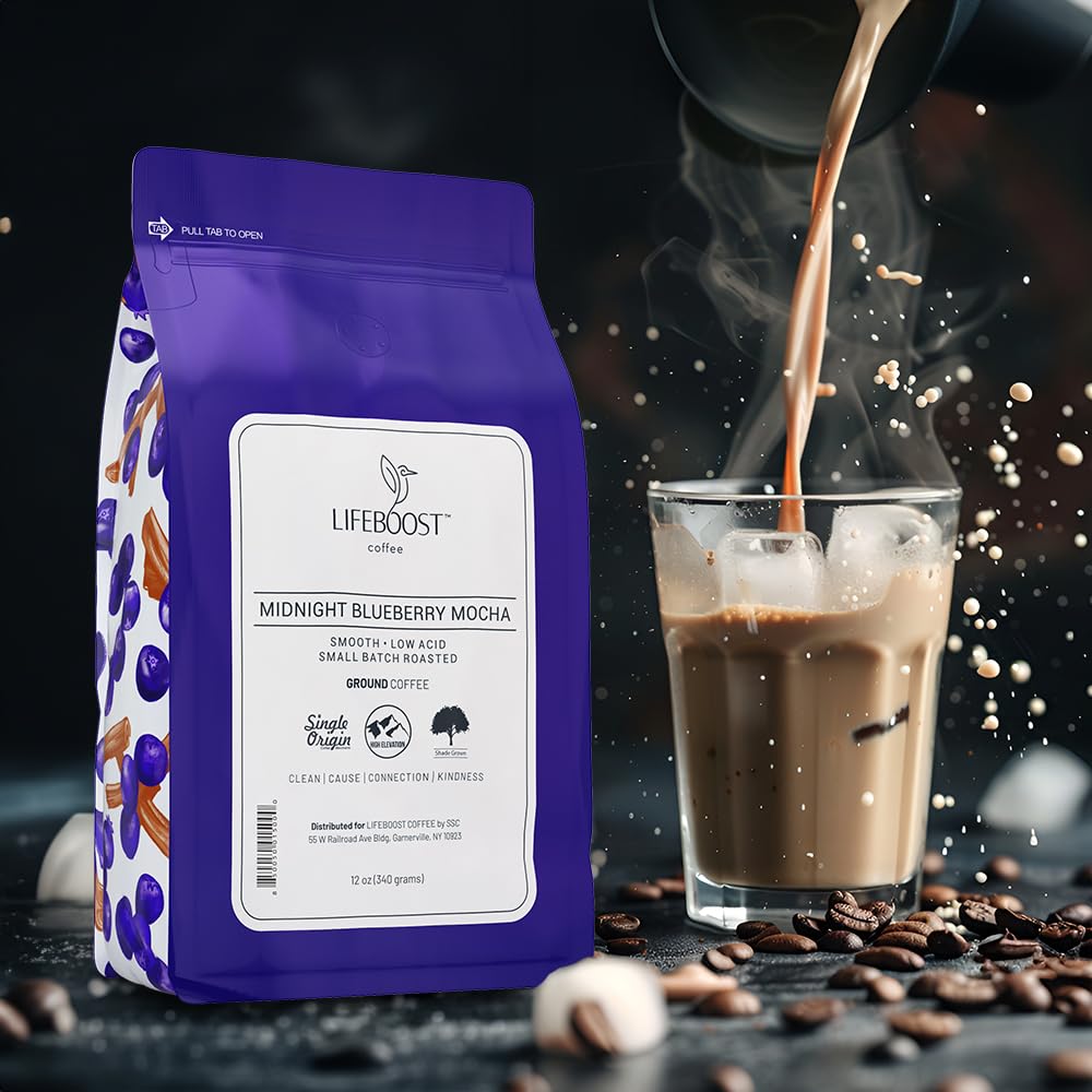 Lifeboost Midnight Blueberry Mocha Ground Coffee - Low Acid Single Origin Coffee - Non-GMO Wild Blueberry Coffee Grounds Third Party Tested For Mycotoxins &amp; Pesticides - 12 Ounces