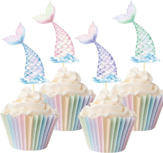 24 Pieces Mermaid Tail Cupcake Toppers Under the Sea Cake Decorations Picks for Mermaid theme Birthday Party Decoration Baby