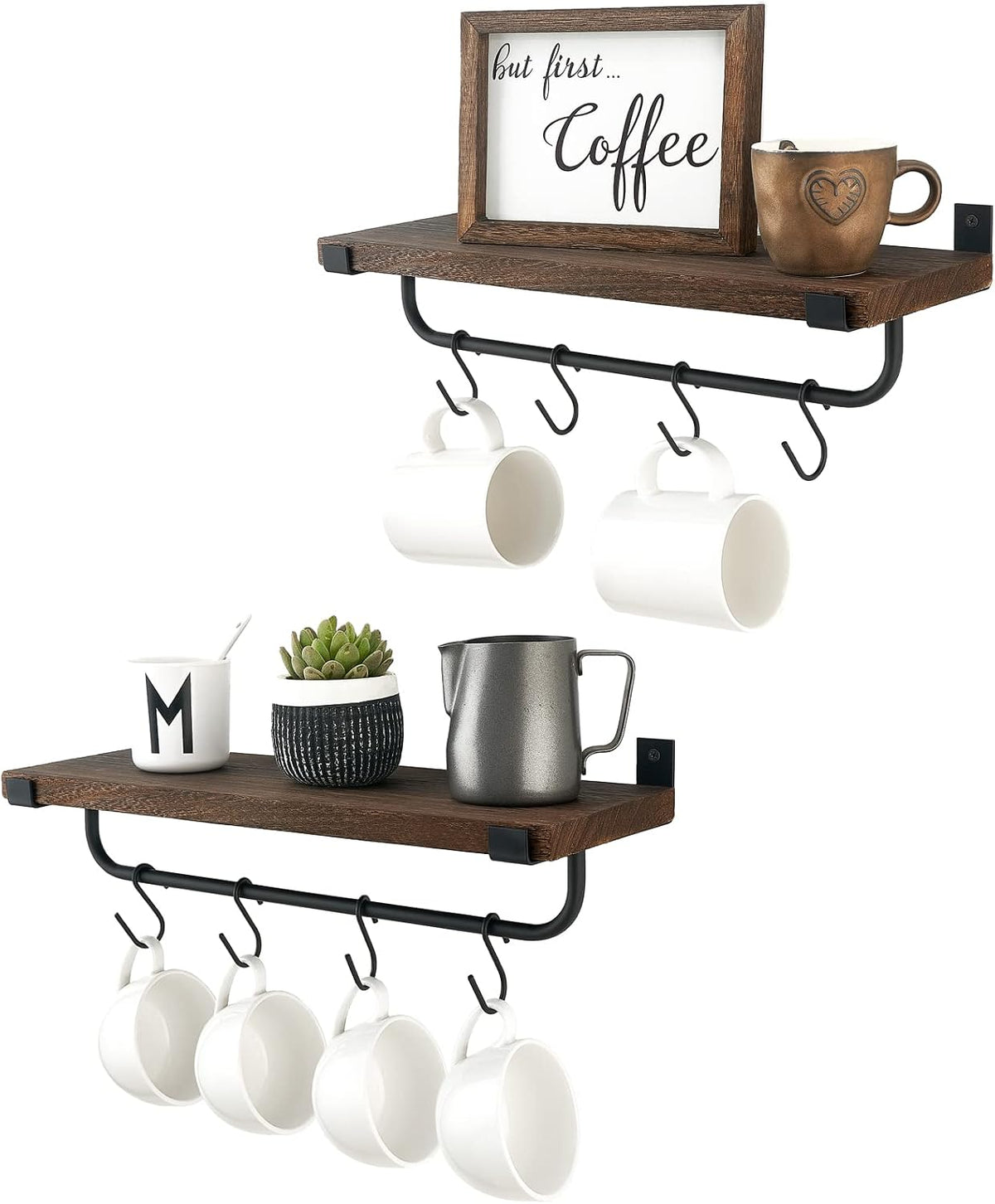 Mkono Coffee Bar Shelves, Wall Mounted Rustic Mug Rack with Hooks, 2 Pack