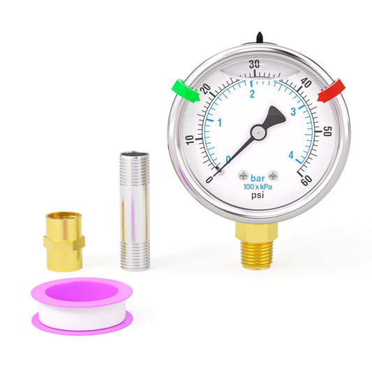 0-60PSI Heater Heavy Liquid Filled Pressure Gauge Kit, 2.5" Stainless Steel Dial Size, 1/4" NPT Lower Mount, for Low