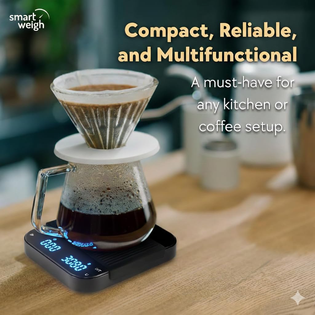 Smart Weigh Coffee Scale with Timer, Precision Espresso &amp; Tea Digital Scale, Espresso Machine Accessories for Pour-Over Coffee, Travel Food Scale, LED Display, Rechargeable USB-C - 3kg/0.1g