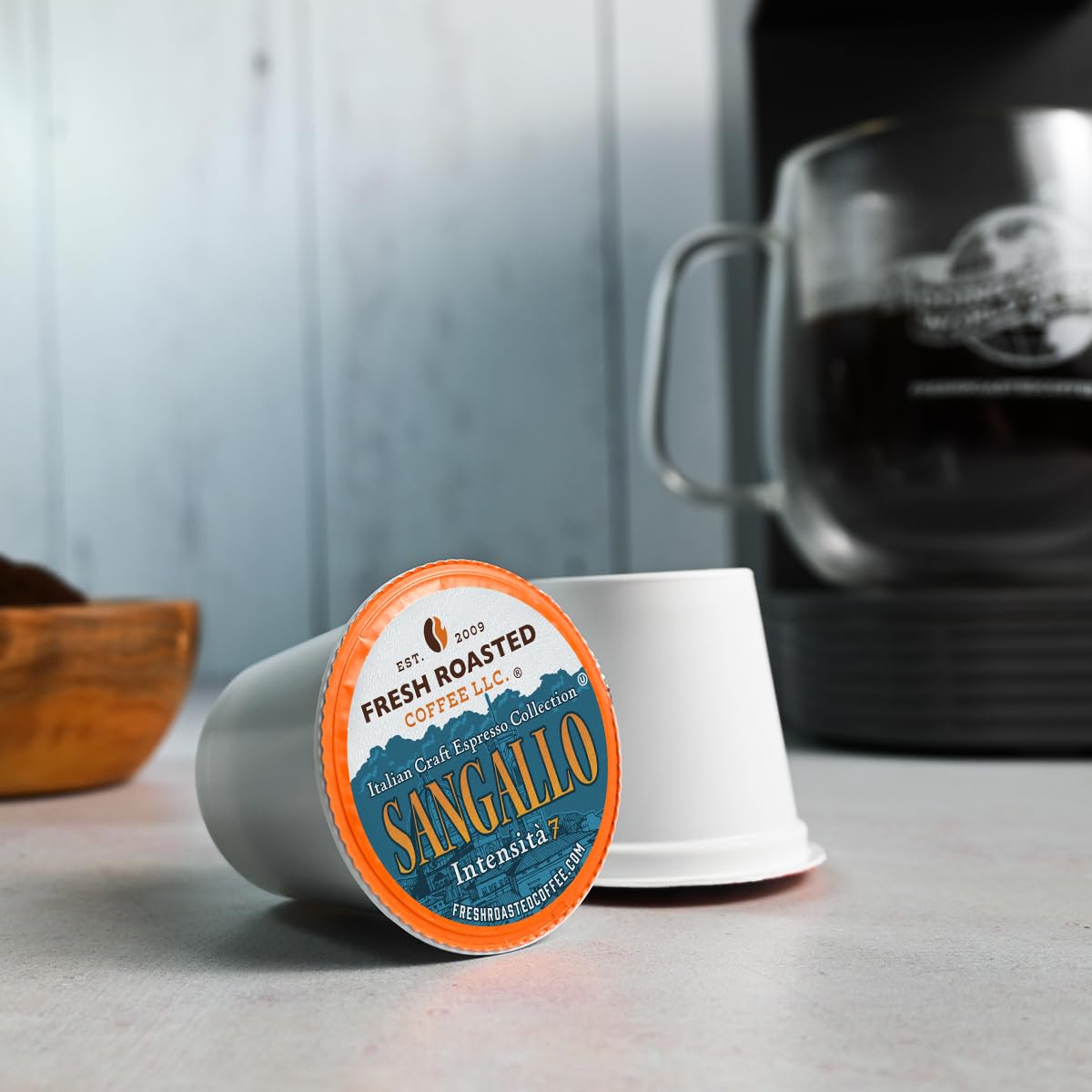 Fresh Roasted Coffee, Sangallo Italian Craft Artisan Blend, Dark Roast, Kosher, 24 Pods for K cup Brewers