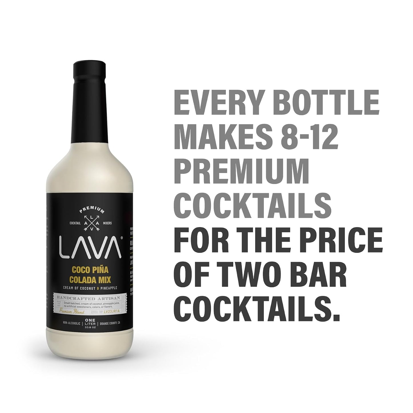 (3 Pack) LAVA Premium Coco Pina Colada Made with Cream of Coconut and Real Pineapple, No Artificial Sweeteners or Flavors, 1-Liter (33.8oz) Glass Bottle.