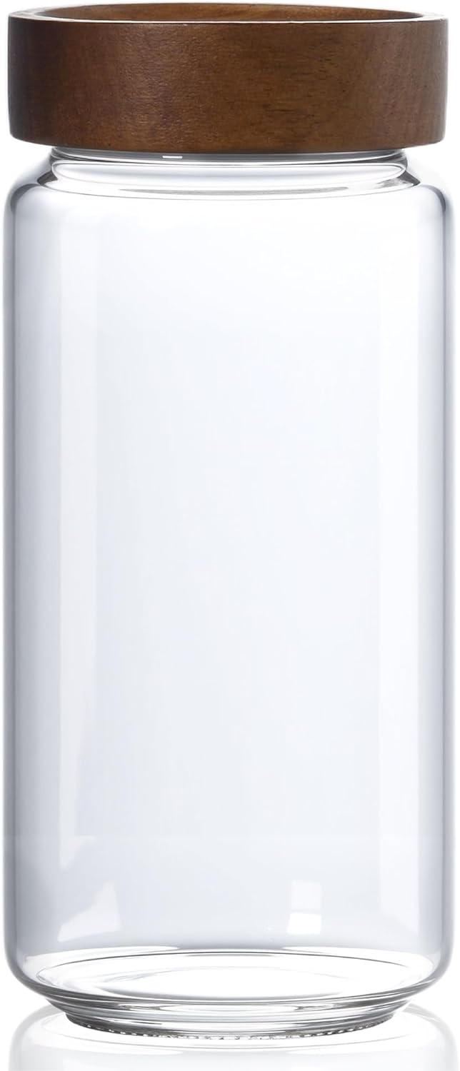 30 oz/900 ml Glass Jar with Airtight Wooden Screw Top Lid, Clear Stackable Food Storage Canister, La
