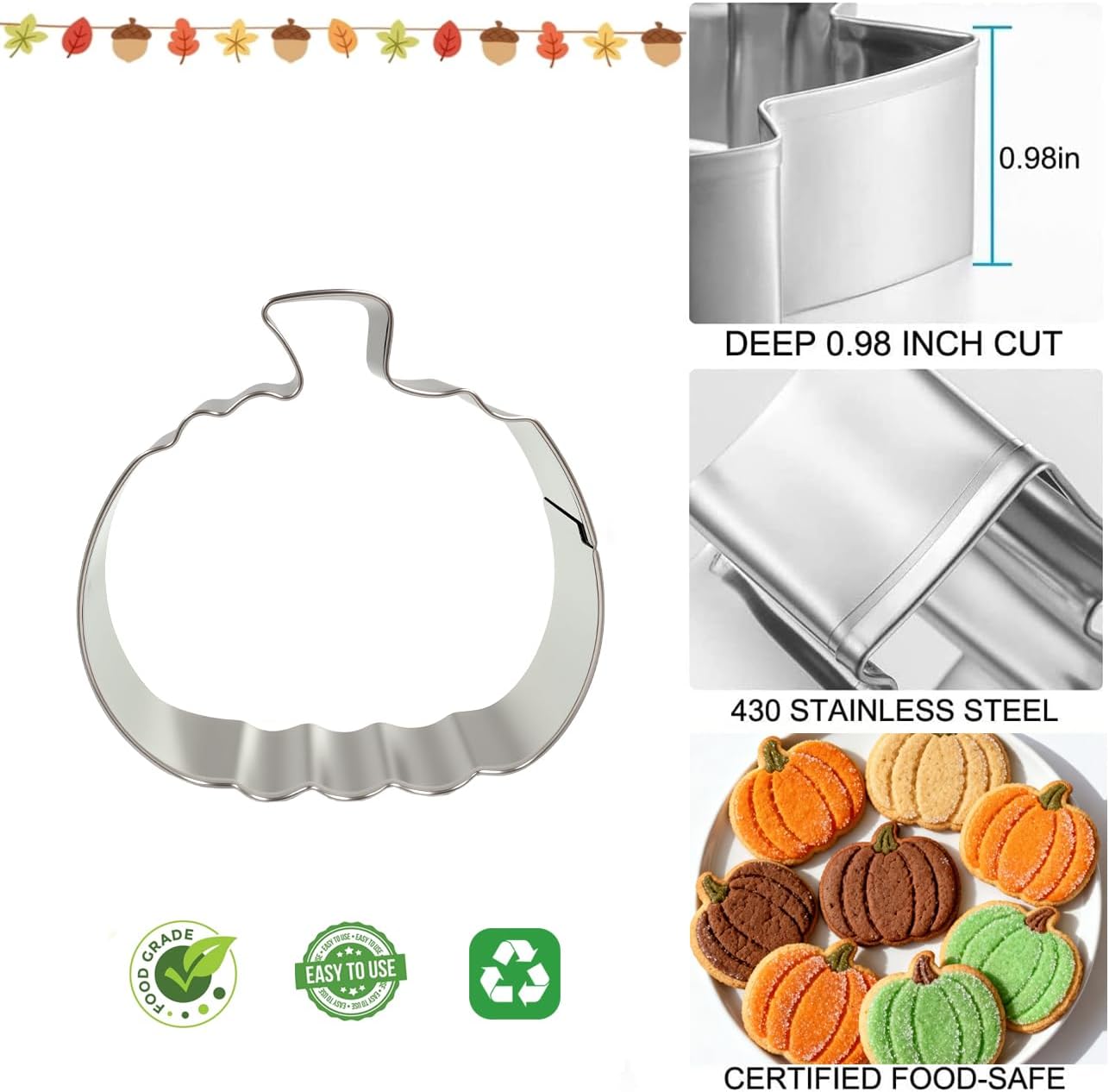 Pumpkin Cookie Cutters Set with Box, Set of 5 | Stainless Steel, 3.94'', 2.95'', 2.05'',1.57'', 1.18'', Metal Biscuit Mold for Halloween Fall Holiday Baking &amp; Decoration