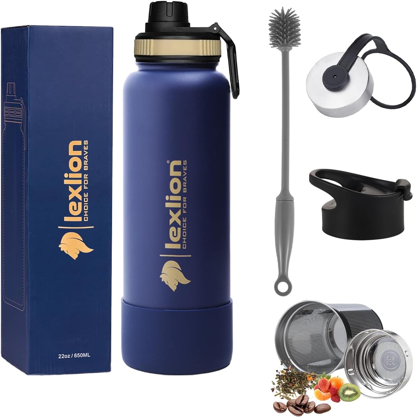 Lexlion Fruit Infuser Water Bottle - 22 Oz, Triple Walled Insulated Stainless Steel, Thermal Leaf In
