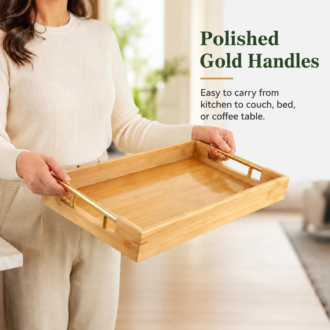 Bamboo Serving Tray, Wooden Tray with Gold Handles, 15L x10W x2H in | Deep Serving Tray, Decorative Tray, Rectangular Wood Tray, Coffee Table Tray, for Ottoman, Kitchen, Bedroom, Lap &amp; Couch