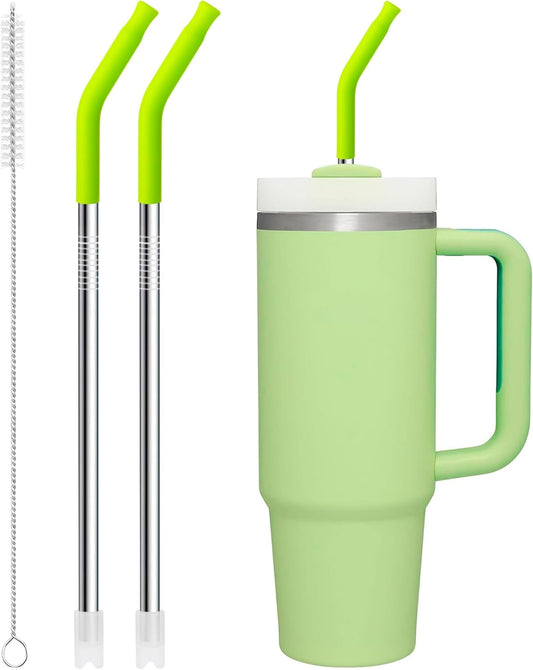 Snowfall Metal Straw for Stanley 30 OZ, 2 Pcs Reusable Long Stainless Steel Drinking Straws with Silicone Tip, 1 Straw