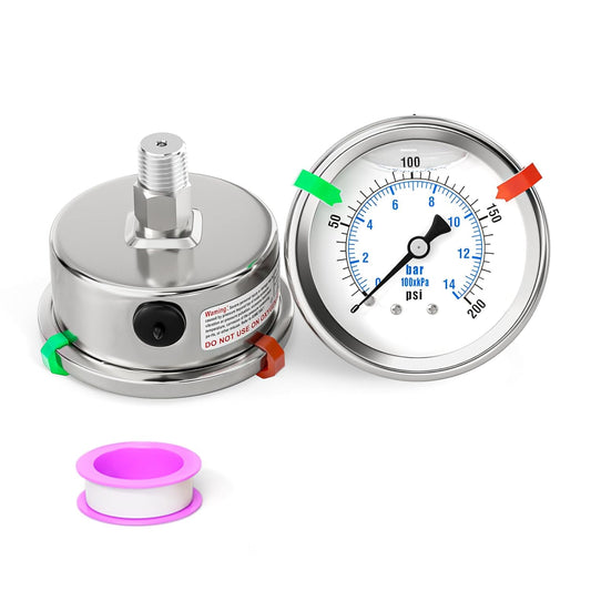 0-200PSI Stainless Steel Liquid Filled Pressure Gauge, 2.5" Dial Size, 1/4" NPT 316 Stainless Steel Joint, Back Mount, for